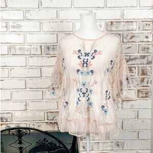 Kaari Blue Delicate Embroidered Floral Ruffle Sleeve Sheer Top S